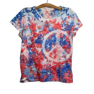 GREEN SOURCE Red White Blue Patriotic T-shirt Sparkly Peace Sign Bird Graphic